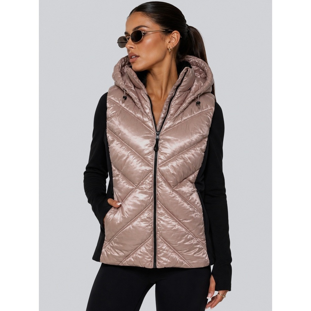 DKNY Sport Rose Gold Quilted Puffer Vest Hooded Black Trim L NWT New